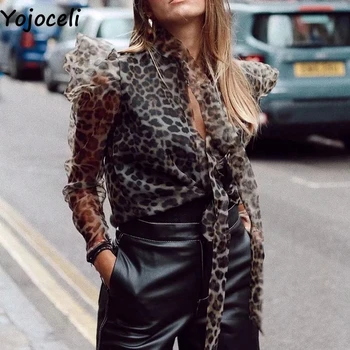 Yojoceli Elegant leopard print arc bluza Organza rece stradă casual bluza Izvor de sex feminin sexy pur topuri blusas