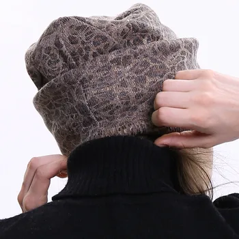 Geebro Femei Leopard Knit Cashmere Beanie Pălărie de Iarnă Singur Strat Casual Slouchy Căciuli pentru Femei Tesatura Singur Chelioși Capac