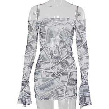 Hirigin Bani de Imprimare Flare Sleeve Sexy De pe Umăr Rochie Mini pentru Femei Nou 2020 Plasă Vedea Prin rochie Bodycon Rochii de Club