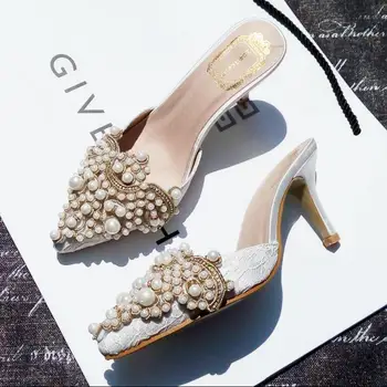 2019 Pantofi de Vara pentru Femei Dulce Elegant Pearl Margele Pantofi cu toc Înalt Subțire Tocuri Ascuțite Toe Sandale Femei c37