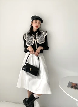 CHEERART Vintage 2 Bucata Culturilor Top Si Bluza Femei Neagra cu Maneci Lungi Buton-Up Stand de Guler design Tricou 2021 Moda