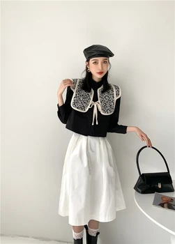 CHEERART Vintage 2 Bucata Culturilor Top Si Bluza Femei Neagra cu Maneci Lungi Buton-Up Stand de Guler design Tricou 2021 Moda