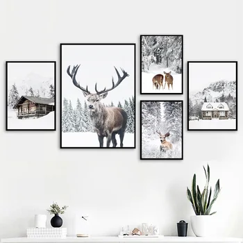 Zăpada În Casa Pădure Cerb Oi Peisaj Arta De Perete Panza Pictura Nordică Postere Si Printuri Poze De Perete Pentru Living Decorul Camerei