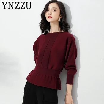 YNZZU Elegant Solidă Pulover Tricotate Femei 2019 Toamna anului Nou Slim Peplum pentru Femei Pulovere si Topuri Femei Pulovere Jumper AT296