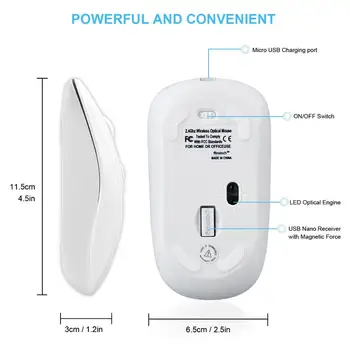 2.4 Ghz & Bluetooth Mouse Wireless, Ultra-Silențios, Fără Zgomot Faceți Clic Pe Ergonomic Design Confortabil Baterie Reîncărcabilă