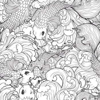 Perdea de duș de Pește în Valurile Mării Stil Doodle Alb-Negru Stil Doodle opera de Arta Imprimate