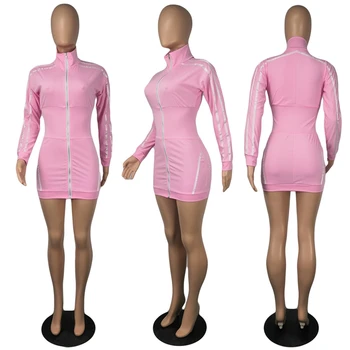TNNAOFF Plus Dimensiune Zip Cardigan Bodycon Mini-Rochie pentru Femei Trening Moda Chingi Maneca Lunga Streetwear Salopete, Rochii