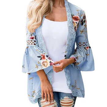 2021 Vara pentru Femei Cardigan Chimono Bluza Floral Boho Dantela Camasa Casual Strat Afânat Flare Sleeve Bluza blusas mujer de moda