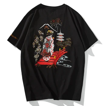 Japoneze brand de moda broderie craniu floare regina cherry blossom Fuji cu mânecă scurtă T-shirt bumbac de vară bottom camasa barbati