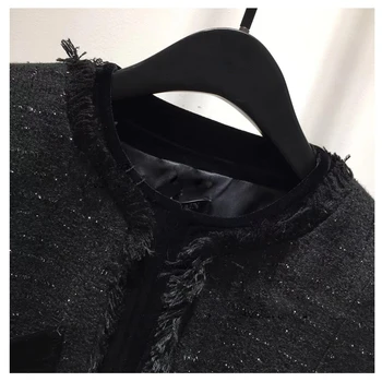 Moda de Lux Femei Paltoane Jachete Scurte European de Design de Aur Butonul O-Neck Negru Sacou de Tweed de Îmbrăcăminte pentru Femei