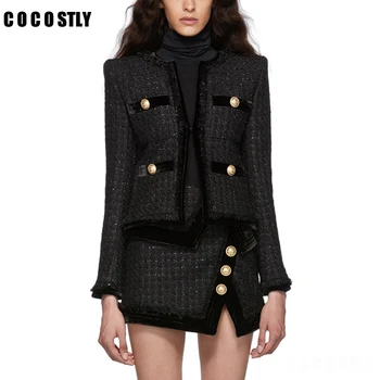 Moda de Lux Femei Paltoane Jachete Scurte European de Design de Aur Butonul O-Neck Negru Sacou de Tweed de Îmbrăcăminte pentru Femei