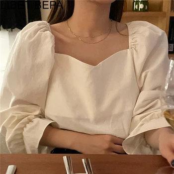 Noi 2021 Primavara Toamna Femei Bluze Pătrat Guler la Modă Tricou Manșon de Puf coreean Sălbatice Doamna Eleganta Sexy Topuri Scurte BL2215