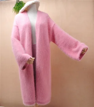 Grele gros de femei lungi roz dulce nurca cașmir tricotate lungi falre mâneci cardigan manta de blană de angora haină călduroasă de iarnă