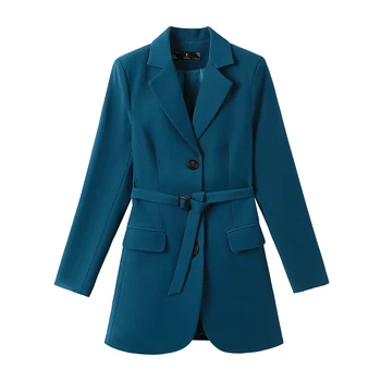 Albastru Negru Singur Pieptul Lung Doamnelor Femei Blazer 2021 Ultima Toamna Haină De Iarnă Jachete Cu Eșarfe