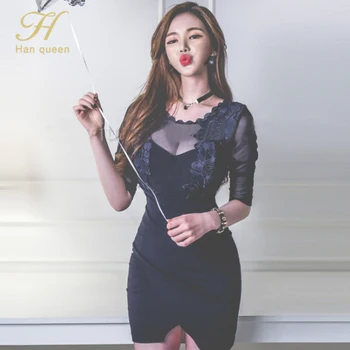 H Han Regina Elegant Sexy Rochie de Creion Femei Toamna O Talie Mare linie dreaptă Rochii coreean Simplu Mozaic ochiurilor de Plasă Bodycon Vestido