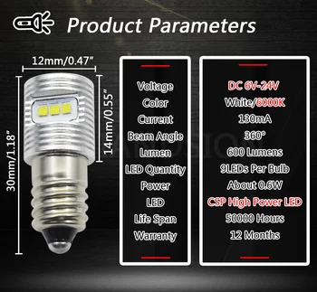 2 BUC E10 Bază de LED-uri de Upgrade Becuri Pentru D+C celula lanterne CSP 0.6 W DC3V AC/DC 4,5 V, 6V 12V 6-24V LED-uri de Înlocuire Becuri Lanterna 18V