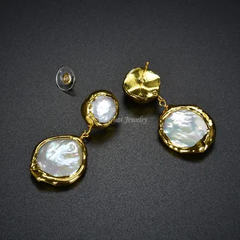 GG Bijuterii Placat cu Aur Galben alb natural monedă de perle de apă dulce Cercei