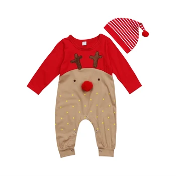 2 buc Copil Nou-născut Băieți Fata Crăciun Salopetă Mânecă Lungă Cerb Romper Salopeta Pălărie Pijamale Partid Costum de Haine pentru Copii
