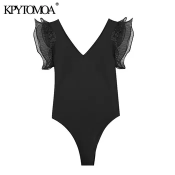 KPYTOMOA Femei 2020 Sexy Moda Cu Organza Zburli Costume de Epocă Maneca Scurta Porțiune Subțire de sex Feminin Salopete Chic Topuri