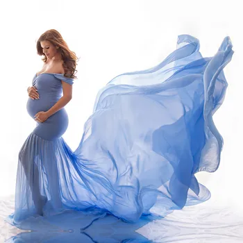 Maternitate recuzită fotografie Sarcinii Pânză de Bumbac+Șifon Maternitate de Pe Umăr Jumătate de Cerc Rochie de fotografiere fotografie rochie gravide