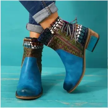 Femei cizme glezna mid med tocuri rotund toe bohemia pantofi de femeie chaussure zapatos mujer gladiator din piele PU etica papuceii
