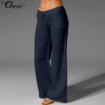 Celmia Femei Vintage Largi Picior Pantaloni Casual Pantaloni Lenjerie 2021 Feminin Talie Elastic Liber Palazzo Lung Pantalon Femme Plus Dimensiune