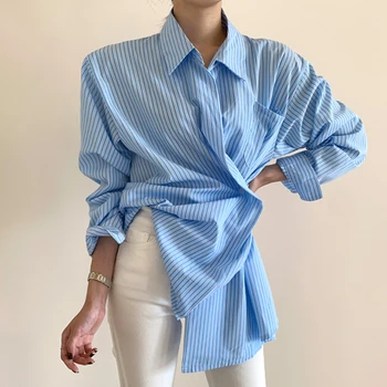 Getspring Femei Tricou Neregulate Maneca Lunga Bumbac Femeie Bluze Camasi Albastre Cu Dungi Albe Asimetrie Bluză Casual Femei 2020 Nou