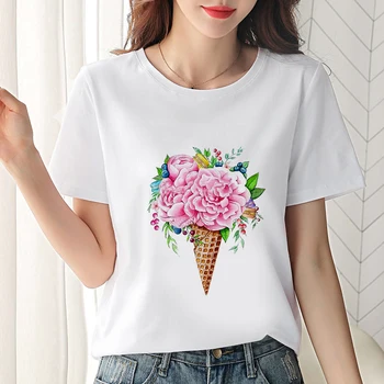 Tricou Femei Frumoase flori imprimate t-shirt de Vară de Moda secțiune Subțire tricou femei Harajuku estetica Teuri Topuri haine