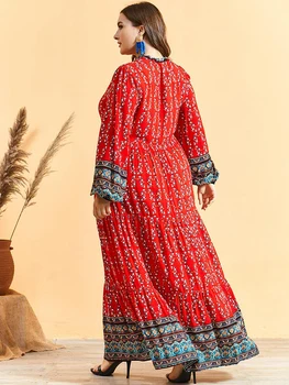 Siskakia Confortabil Vascoza Etnice Print Plus Dimensiunea Rochie De Volan Stand Guler Felinar Cu Maneci Lungi Rochii Maxi Arab Oman Îmbrăcăminte