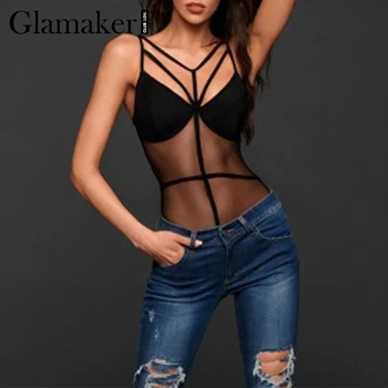 Glamaker Plasă gol negru sexy body Femei costume bandaj transparent curea de petrecere club body Femme rochie bodycon 2018
