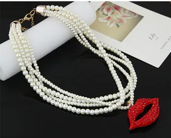 Kymyad Cravată Colier Pentru Femei Imitație Pearl Margele Coliere Buze Roșu Pandantiv Collier Femme Bijoux Indesata Coliere Bijuterii