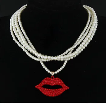 Kymyad Cravată Colier Pentru Femei Imitație Pearl Margele Coliere Buze Roșu Pandantiv Collier Femme Bijoux Indesata Coliere Bijuterii
