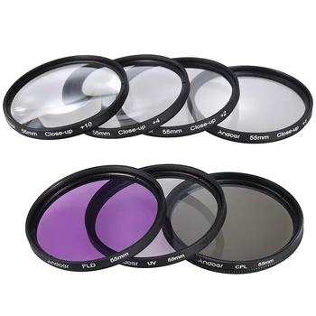 Andoer 55mm Obiectiv Kit Filtru UV + CPL + FLD + Close-up(+1+2+4+10) Set de filtre cu Transporta Husă Capac Obiectiv Titularul Capota Pânză de Curățare