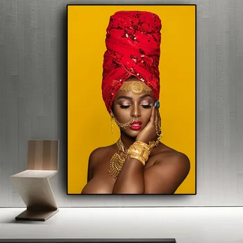 Frumusete Sexy Buze Nude Negru African Femeia în Aur, Pictura in Ulei pe Panza, Postere si Printuri Poza Perete pentru Camera de zi