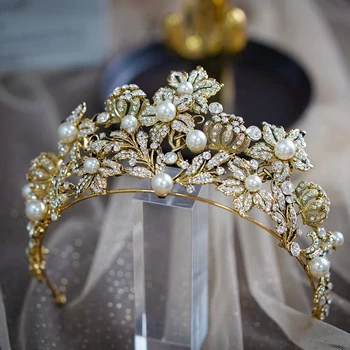 Baroc Aur Mirese Cristal, Diademe, Coroane Pealrs Mireasa Headpieces Seara De Păr Bijuterii