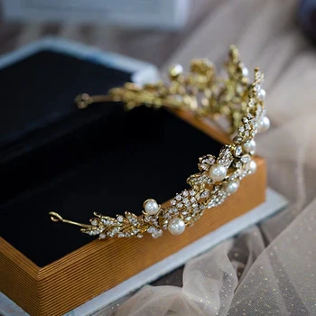 Baroc Aur Mirese Cristal, Diademe, Coroane Pealrs Mireasa Headpieces Seara De Păr Bijuterii