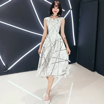Rochii De Seara Formale O-Gât Rochii De Partid R223 Fără Mâneci Rezervor Elegant Vestidos Gri Argintiu Model Ceai-Lungime Rochie Femei În 2020