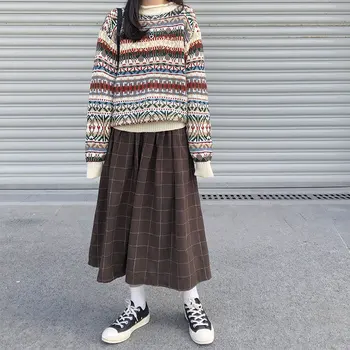 Stil japonez Elastic Talie Mare Fuste Lungi Femeie 2020 Toamna Iarna Femei Vrac Carouri a-line Plisate Fuste Harajuku 2 Culori