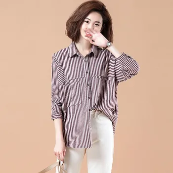 Plus Dimensiune Femei Tricouri Casual Cu Maneci Lungi New Sosire 2021 Primăvară Coreeană Stil Vintage Cu Dungi Loose Feminin Topuri De Bumbac S3280