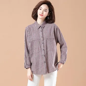 Plus Dimensiune Femei Tricouri Casual Cu Maneci Lungi New Sosire 2021 Primăvară Coreeană Stil Vintage Cu Dungi Loose Feminin Topuri De Bumbac S3280