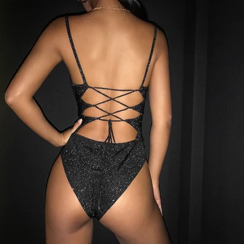 2020 Nou Sexy Femei Fără Mâneci Curea Cu Spatele Gol Bodysuit Salopetă Salopeta Gol Afară Bodycon Negru Cu Paiete Bling Bling Bodysuit