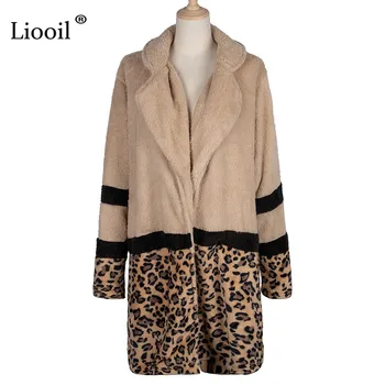 Liooil Fleece Patchwork Print Leopard Haine Lungi Si Jacheta Femei 2020 Guler de Turn-down Doamnelor Iarna Kaki Epocă Cald Uza
