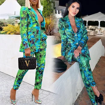 Noi Gâfâi Costume Jungla Verde Imprimate Sacou Femei De Epocă Streetwear 2 Bucata Set Maneca Lunga Haina De Înaltă Talie Pantaloni 2020 Toamna