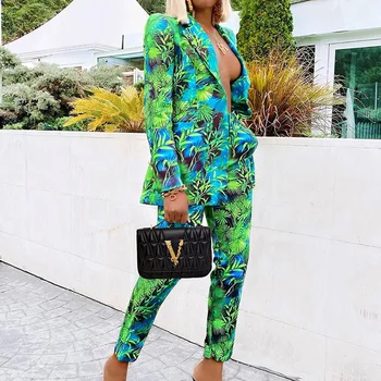 Noi Gâfâi Costume Jungla Verde Imprimate Sacou Femei De Epocă Streetwear 2 Bucata Set Maneca Lunga Haina De Înaltă Talie Pantaloni 2020 Toamna