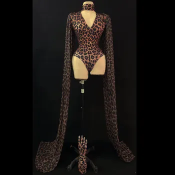 Sexy Leopard Imprimate Bodysuit V-neck Spandex Șal Mănuși de Petrecere Costum de Scenă Femei Dansatoare Cantareata Arata de Performanță Costum