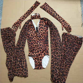 Sexy Leopard Imprimate Bodysuit V-neck Spandex Șal Mănuși de Petrecere Costum de Scenă Femei Dansatoare Cantareata Arata de Performanță Costum