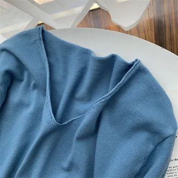 Viifaa Albastru Solid V-Neck Maneca Lunga Rola Tiv Super Moale Tricotate Bluze De Primavara Toamna Pulover Femei Casual De Bază A Culturilor Pulover