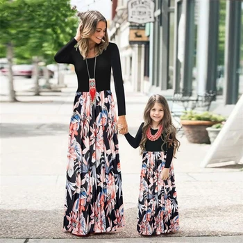 Moda noua Familie de Potrivire Haine de Toamna Mama Și Fiica Rochie cu Maneci Lungi Imprimate Rochii Lungi Mama de Copii Floare de îmbrăcăminte
