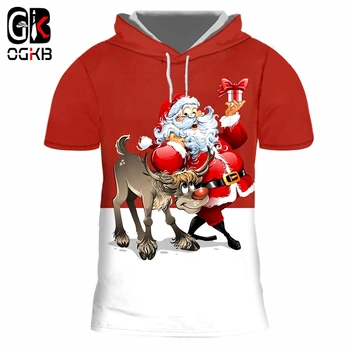 OGKB Bărbați Crăciun Moon Model cu Gluga tricouri Imprimate 3D Minunat Moș Crăciun Și Taur Îmbrăcăminte Om Casual Tricou