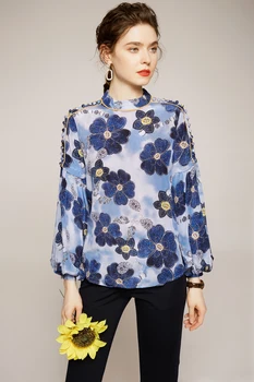Mătase Pură Femei Pista Tricouri Stand Guler Lung Felinar Mâneci Imprimate Butoane Detaliază Moda Pulover Bluza Topuri